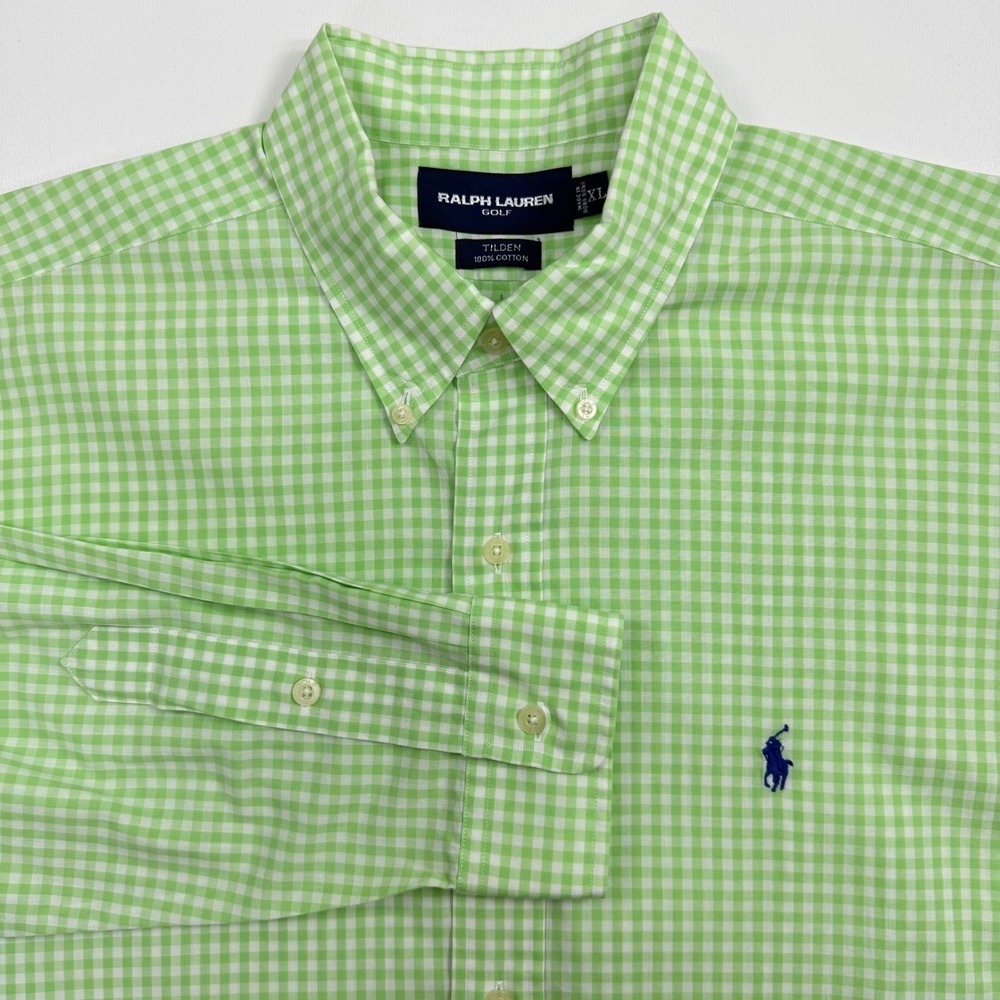 Ralph Lauren Golf Shirt Mens XL Green Gingham Tilden Cotton Button Down Preppy - Picture 1 of 7
